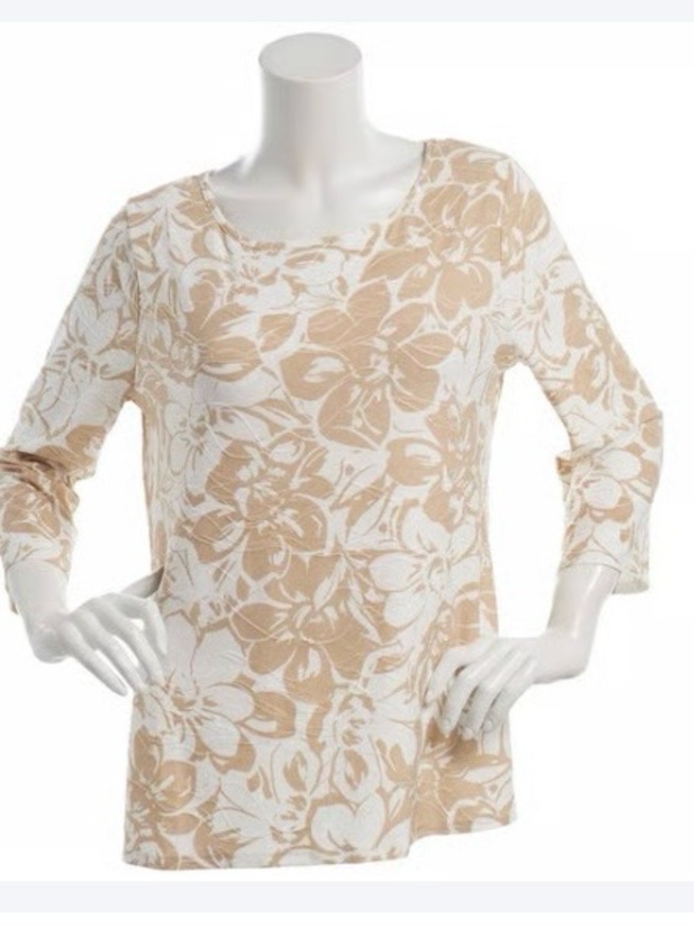Emily Daniels Scoop Neck Floral 3/4-Sleeve Tunic in Tan and White Size XL